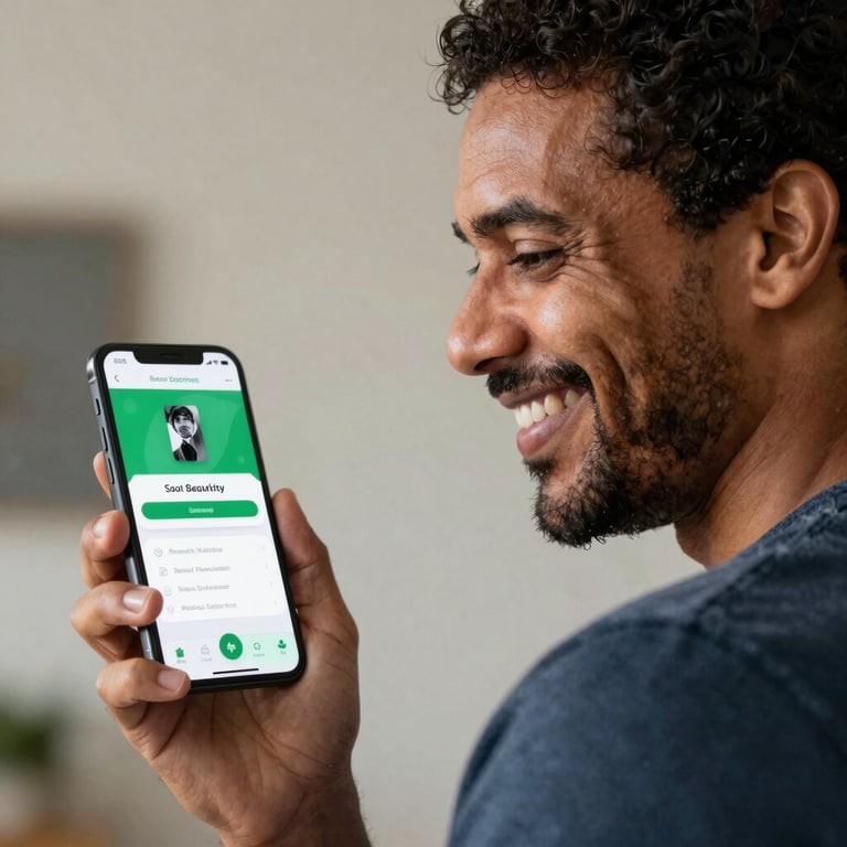 A South American / Brazilian homeowner smiling and looking at their smartphone screen which displays a security app interface.