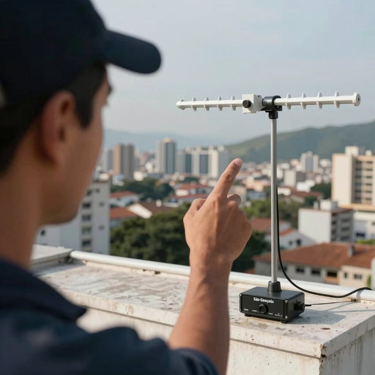 Technician hand pointing at a newly installed digital TV antenna on a rooftop with a city view of São Gonçalo.