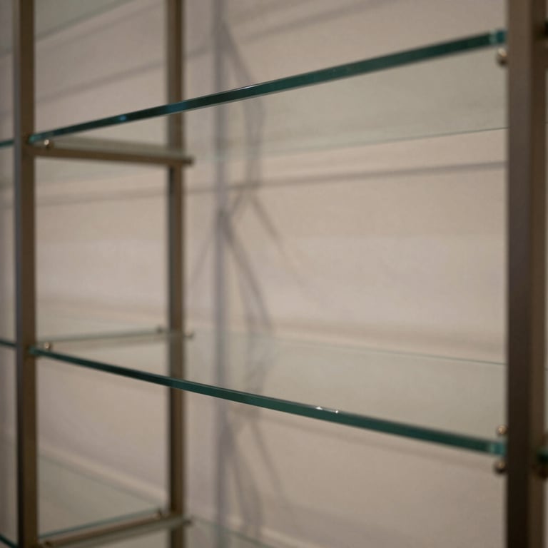 A detailed shot of custom glass shelving inside a high-end Portland boutique, showing subtle reflections and polished edges.
