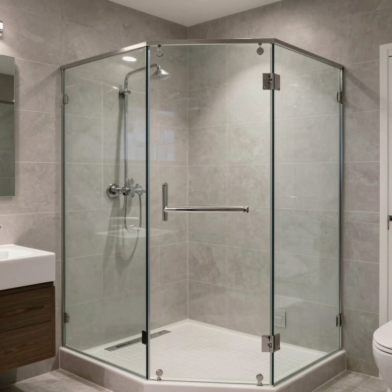 A sleek, modern frameless glass shower installation in a North American / US - Pacific Northwest master bathroom with light gray tiling.