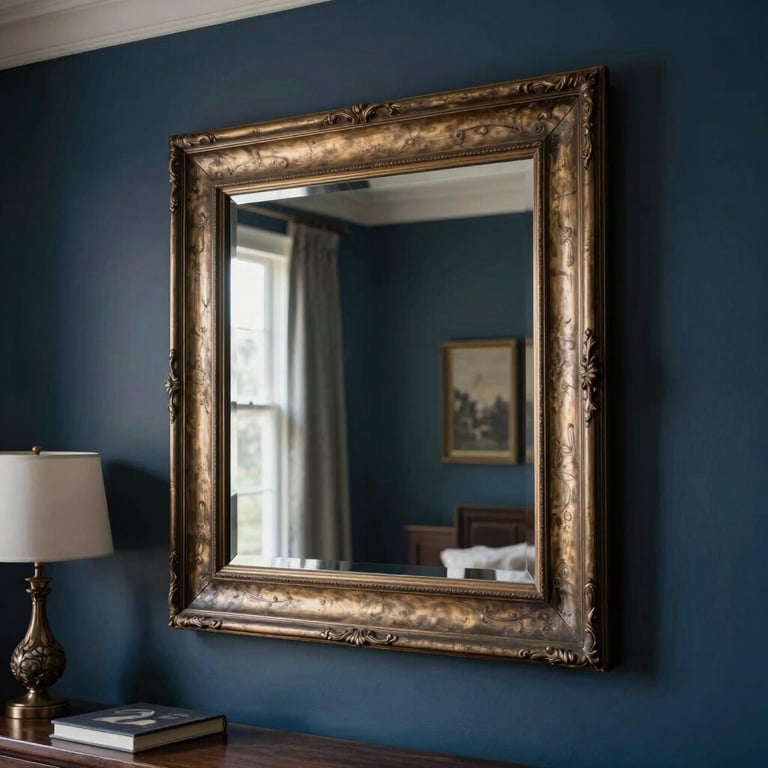 A decorative wall mirror installation in a sophisticated North American / US - Pacific Northwest living room with deep blue accents.