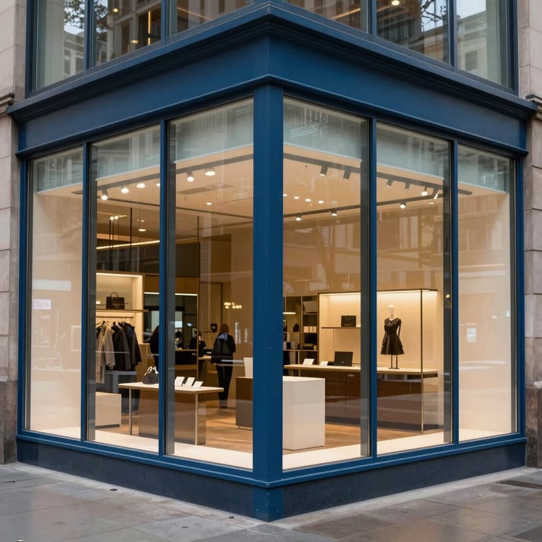 An expansive commercial glass storefront in downtown Portland with steel blue framing and clean, transparent surfaces.