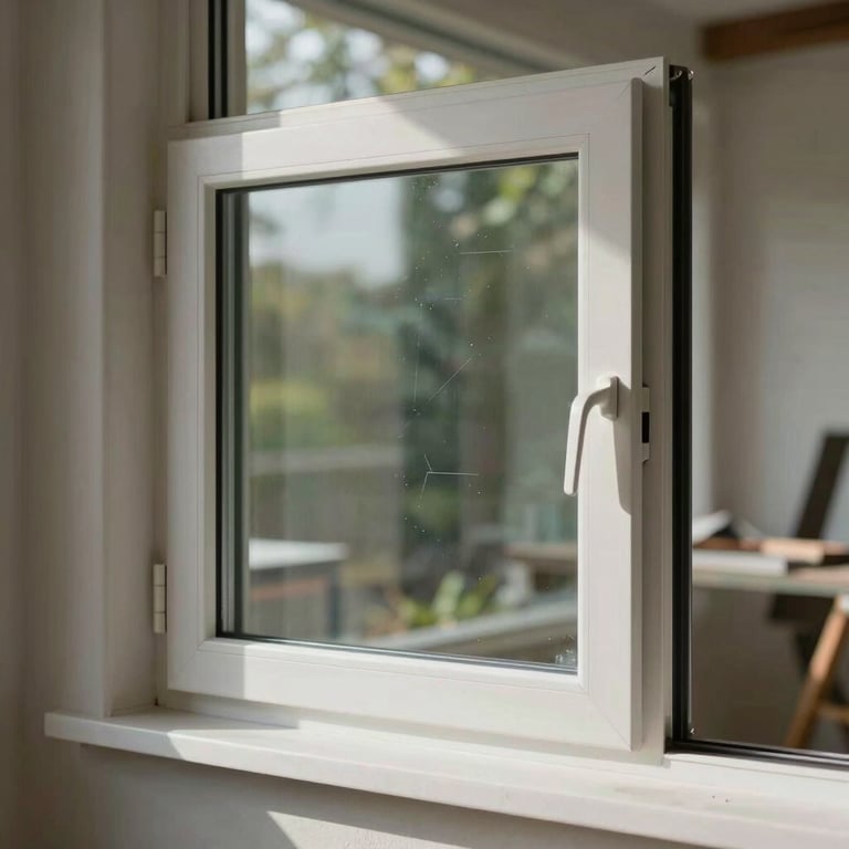 A professional Portland window repair project showing a freshly installed clear energy-efficient window pane in a modern frame.
