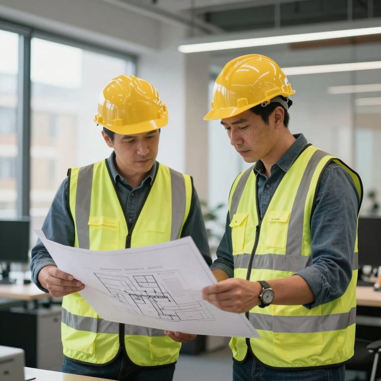 Two construction professionals in high-vis gear discussing a project over a blueprint in a bright London office.