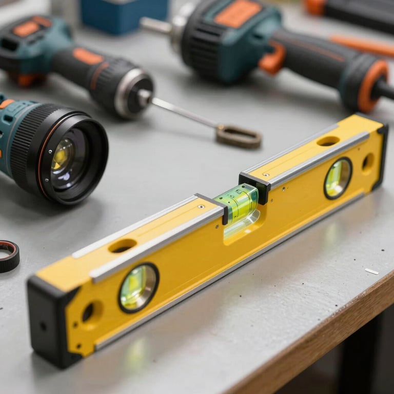 Close-up of modern power tools and a yellow spirit level on a tidy, professional workbench.