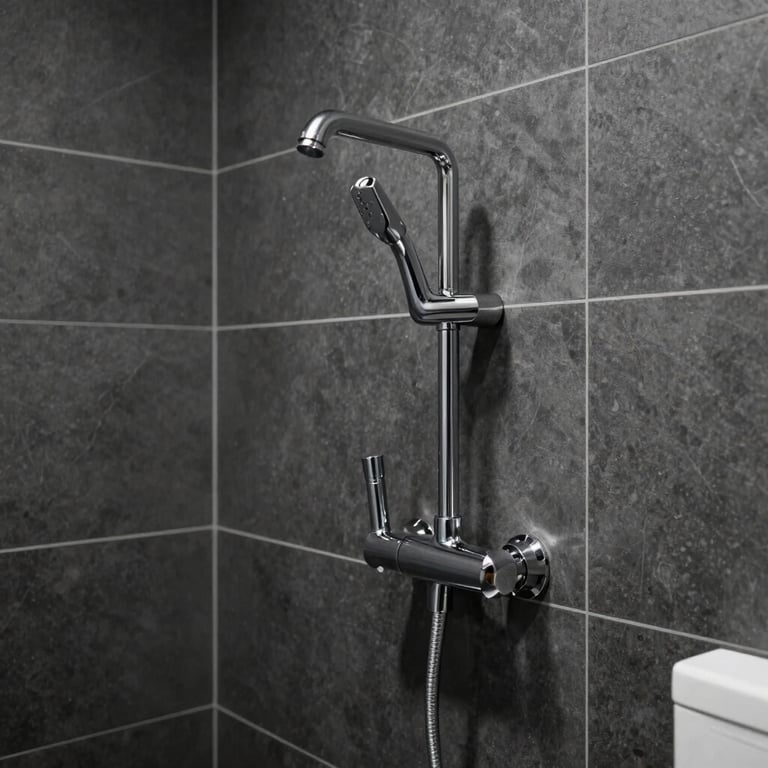 A modern, clean bathroom interior featuring high-end plumbing and sleek charcoal tiles.