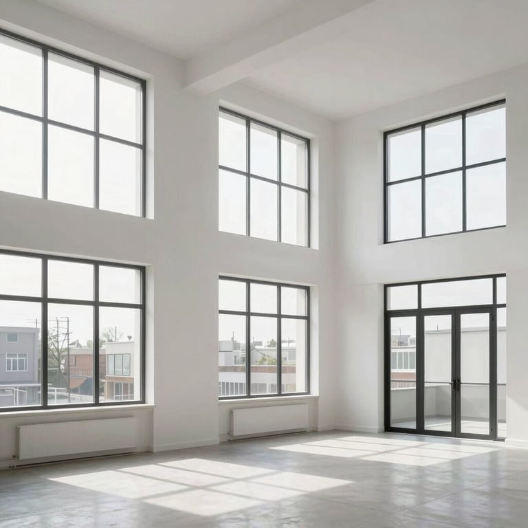 An expansive loft conversion with large windows and clean white walls, showing high-quality interior finish.