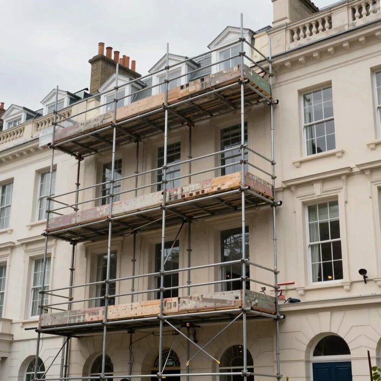 Scaffolding neatly erected around a classic British townhouse during a professional renovation.
