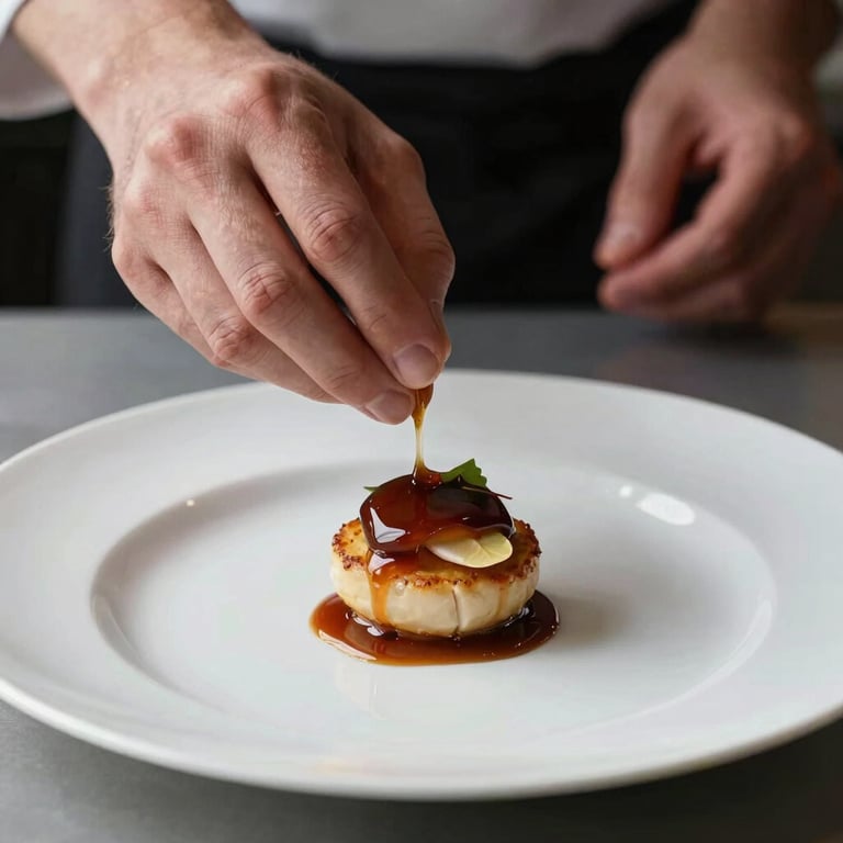 Close-up macro of a chef's hands applying a sauce reduction to a precisely plated amuse-bouche on a white ceramic plate, neutral studio lighting from above, clean background, no face visible, focus on technique and detail