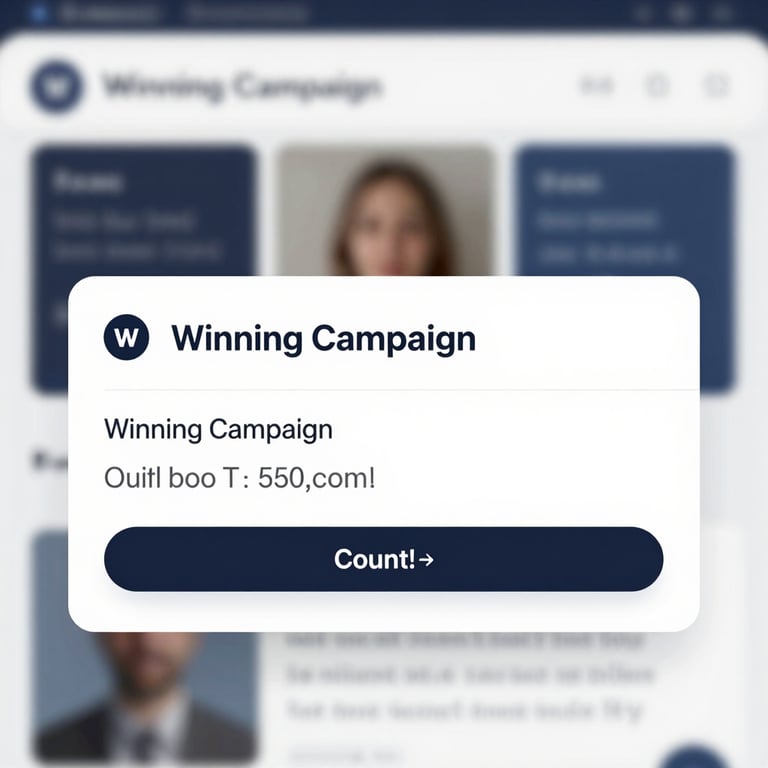 A screenshot of a 'Winning Campaign' notification with high engagement metrics, presented in a sleek, professional UI frame.