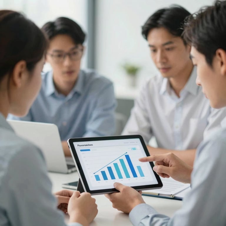 A close-up of a diverse marketing team collaborating over a tablet displaying growth metrics, professional and focused atmosphere.
