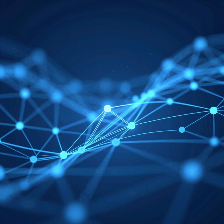 An abstract visualization of interconnected data nodes and light paths, representing complex algorithm optimization in shades of blue.
