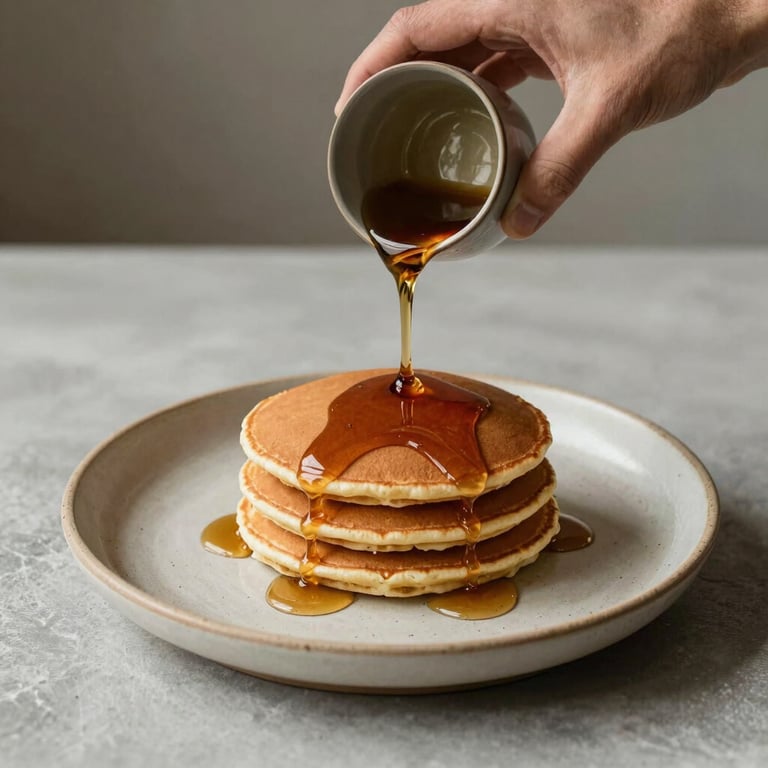 A person pouring warm syrup over pancakes served on a custom Clay Heart stoneware plate, rustic yet modern breakfast setting, inviting atmosphere.