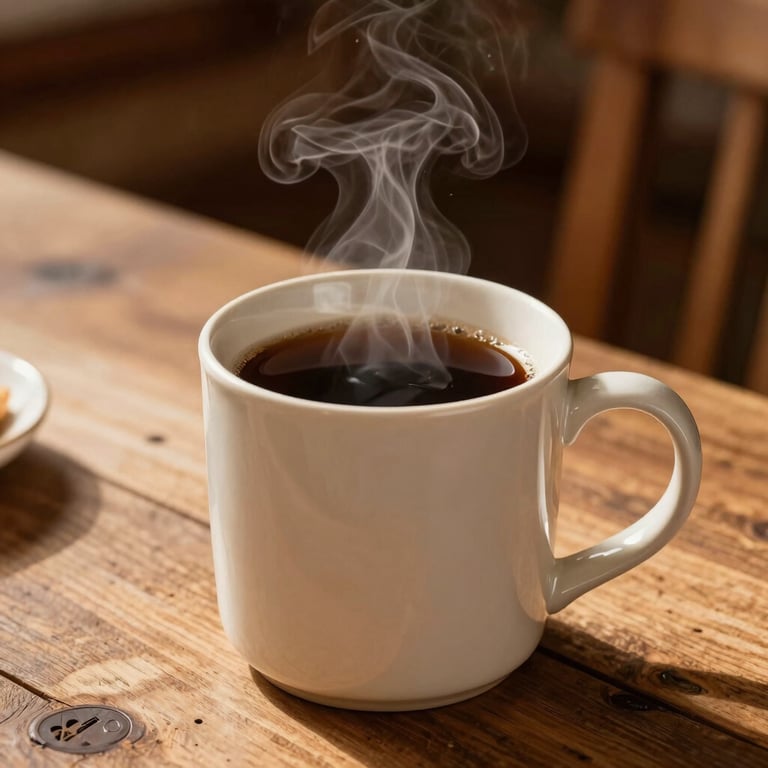Close-up of a warm cream ceramic mug filled with steaming black tea, sitting on a rustic wooden table, cozy North American cabin setting, morning light.