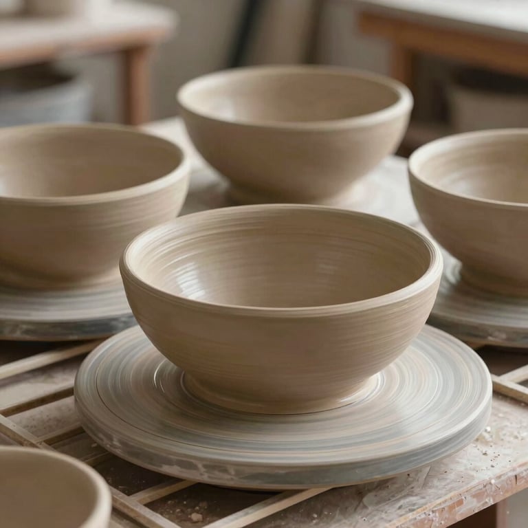 Detailed shot of unfinished, raw clay bowls resting on a drying rack in a sunny potter's studio, showcasing handmade textures and artisanal process.