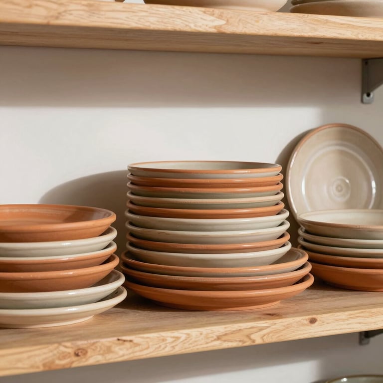An assortment of hand-thrown terracotta dinner plates stacked neatly on a light wood kitchen shelf, soft shadow play, slow living style.
