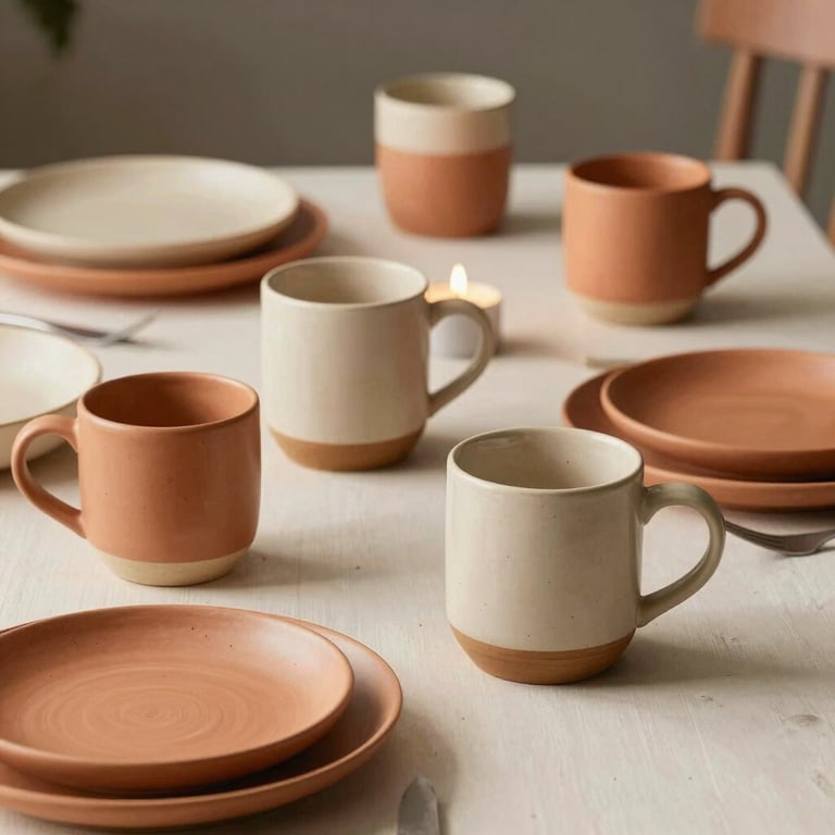 A cozy dining table arrangement featuring hand-crafted ceramic mugs, bowls, and plates in soft terracotta and warm cream colors, lit by candlelight.