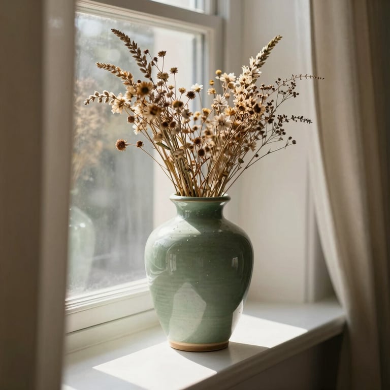 A handmade soft sage green stoneware vase holding dried wildflowers, placed on a sunlit windowsill with soft curtains in a US home.