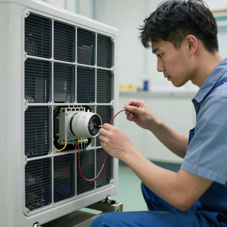 A professional technician carefully wiring a modern air handler unit inside a clean utility room, focused and precise.