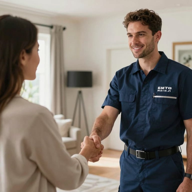 A technician in a navy blue uniform shaking hands with a customer in a bright, modern US home foyer.