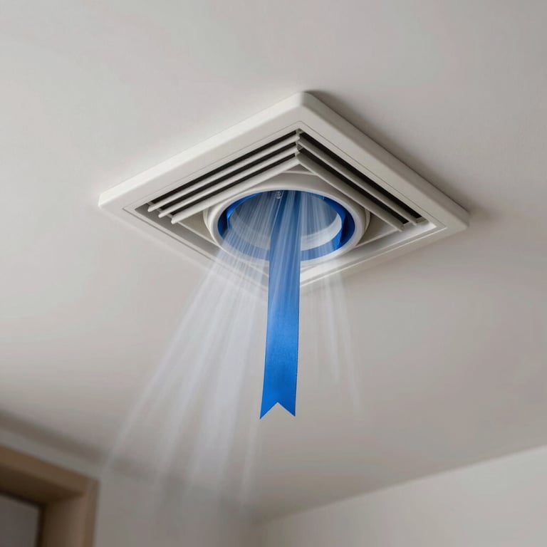 A close-up of a ceiling air vent with a clean blue ribbon showing strong, fresh airflow in a modern North American room.