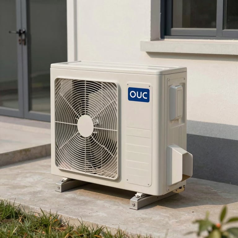 A brand new, high-efficiency outdoor air conditioning condenser unit installed neatly on a concrete pad next to a house.