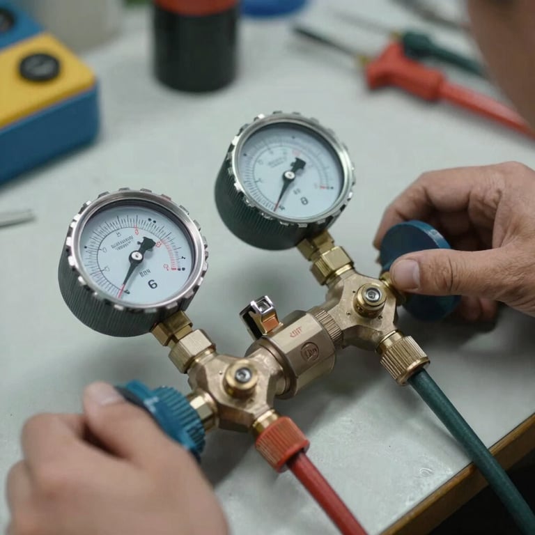 Close-up of professional HVAC manifold gauges and tools on a clean workbench, showing expert maintenance preparation.