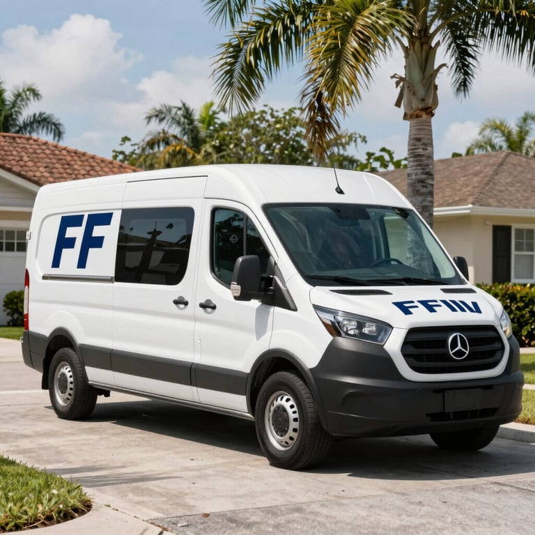 A professional white service van with dark blue branding parked in a sunny suburban Florida driveway under palm trees.