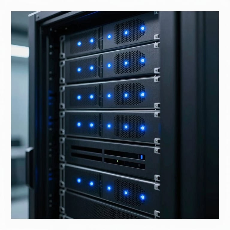A detailed shot of a server rack with soft blue indicator lights in a clean, professional data center.