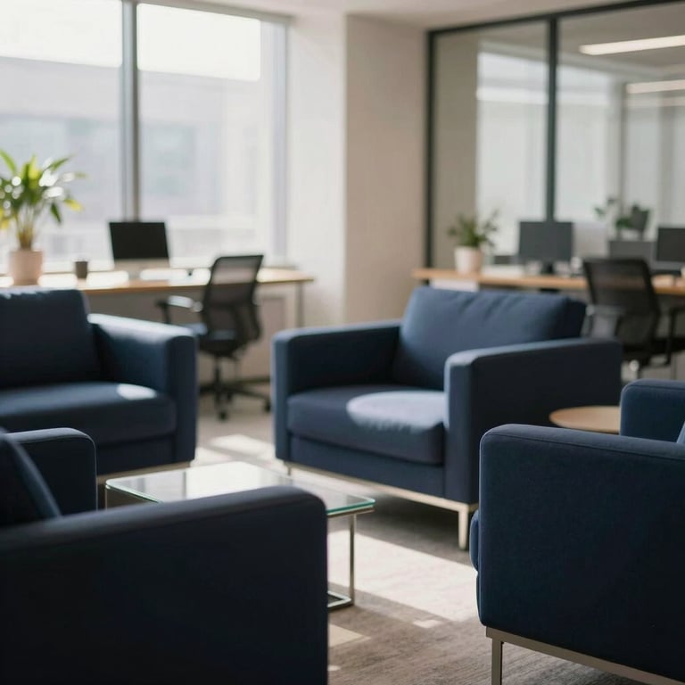 A bokeh-style shot of an office interior with Deep Navy furniture and bright, natural light.