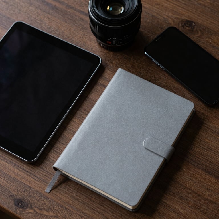 A top-down view of a designer's desk with a tablet, a sleek smartphone, and a Steel Gray notebook.
