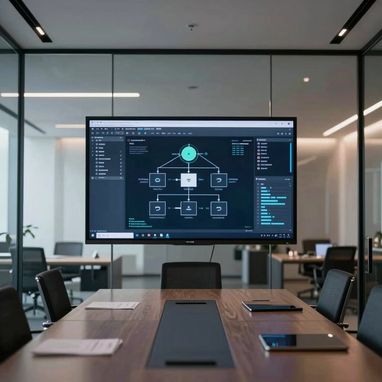 A modern meeting room with glass walls, featuring a large screen displaying software architecture diagrams.