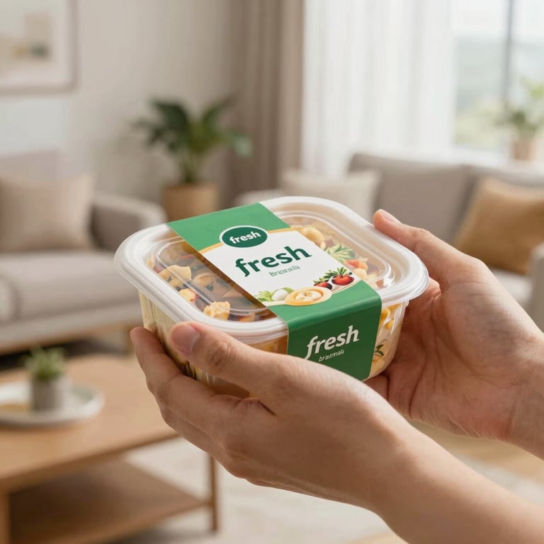 Hands holding a warm meal container with a 'fresh' label in a bright, modern Brazilian living room.
