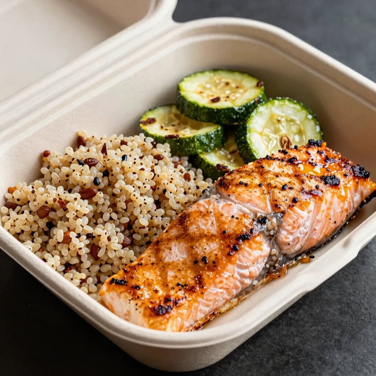 Grilled salmon fillet with a side of quinoa and roasted zucchini in a premium delivery box.