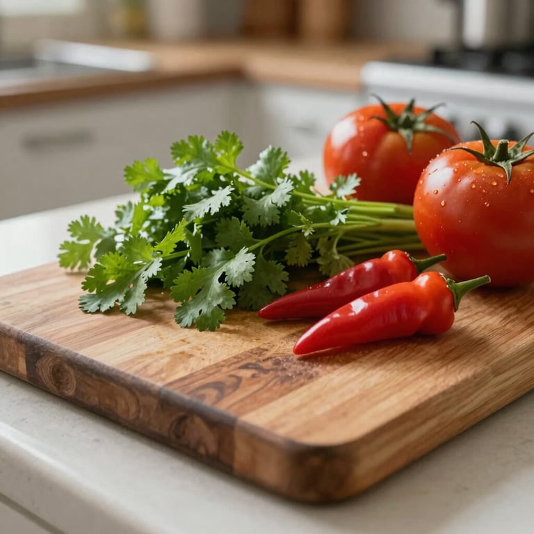 A rustic wooden cutting board with fresh cilantro, peppers, and tomatoes in a bright, airy kitchen setting.