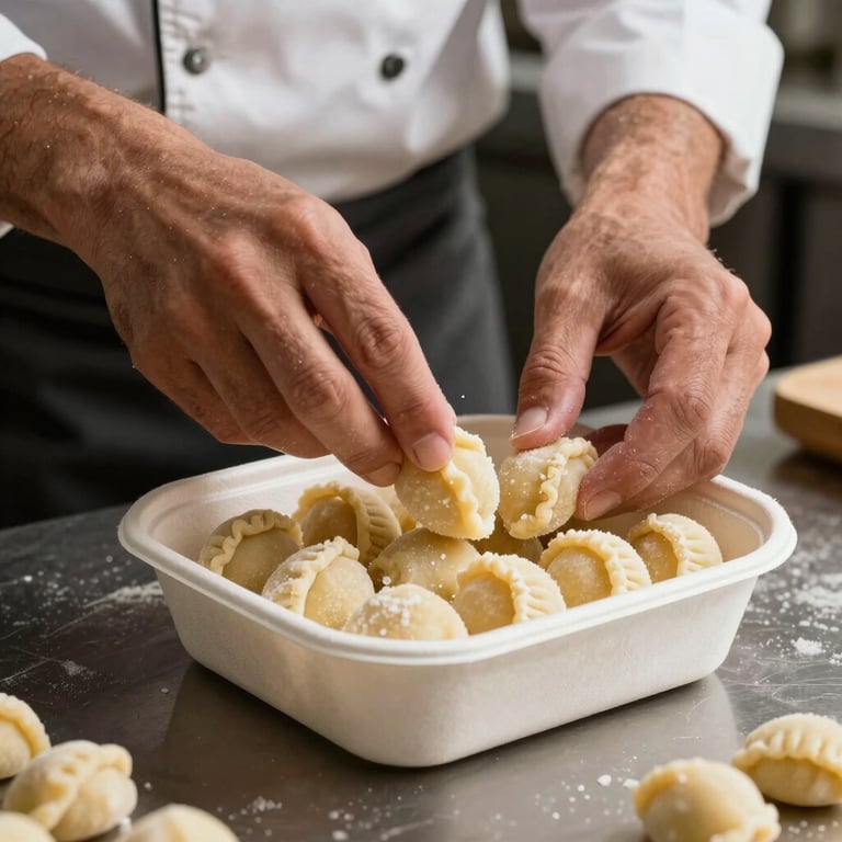 Close-up of a chef in a modern South American kitchen carefully packing a sustainable paper container with fresh gnocchi.