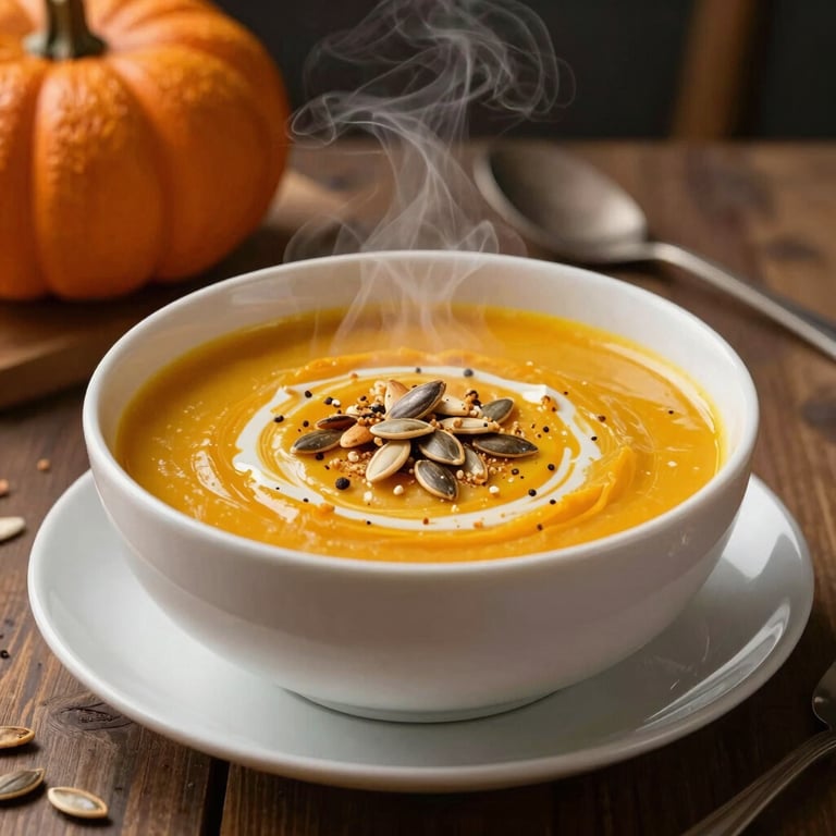 A steaming bowl of pumpkin soup with toasted seeds, served in a cozy home setting with warm lighting.