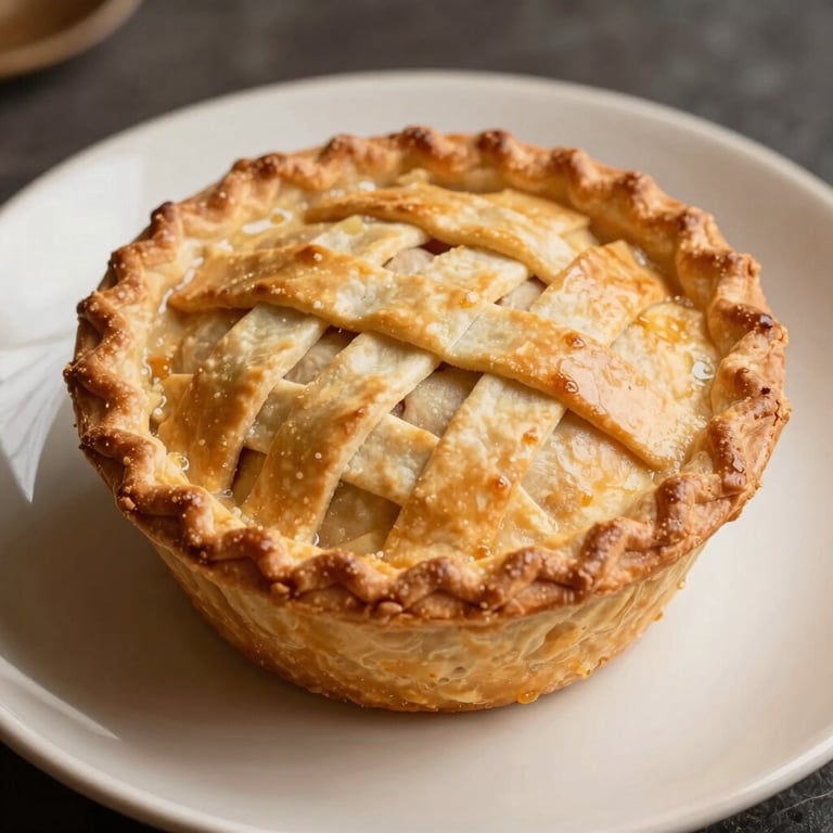 A golden-brown chicken pot pie with an artisanal lattice crust on a cream-colored plate.