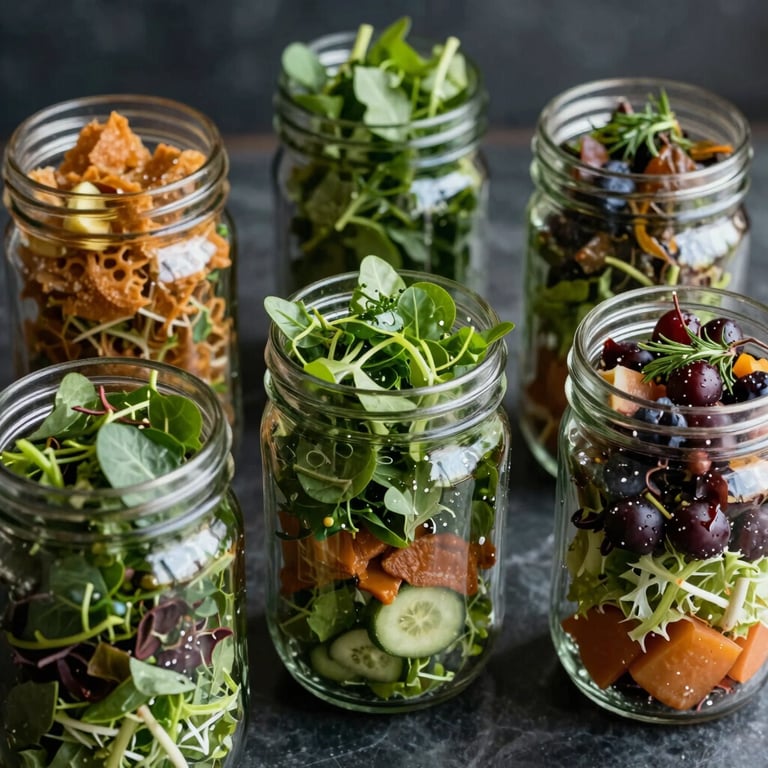 An assortment of fresh gourmet salads in clear glass jars, showcasing vibrant greens and earthy ochre tones.