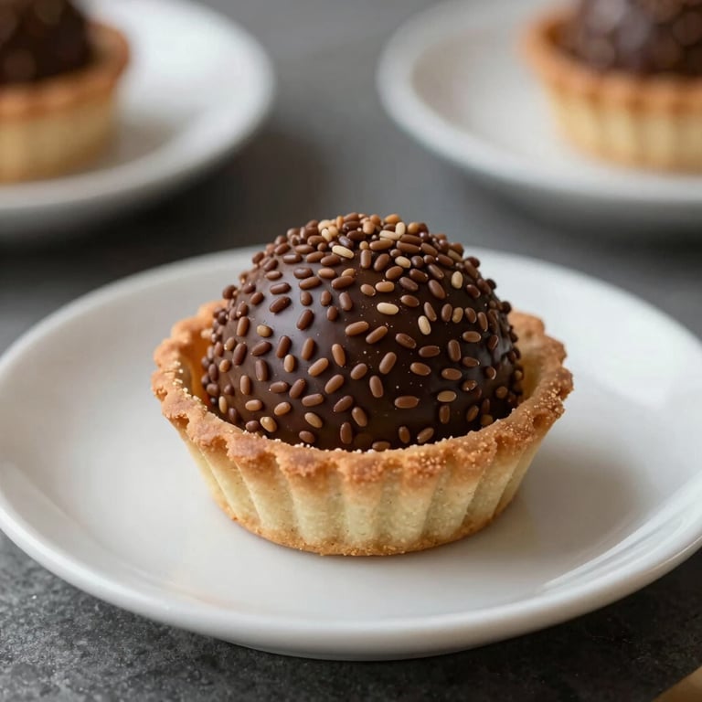 An artisanal brigadeiro tartlet on a small white plate, styled for a sophisticated home dessert.