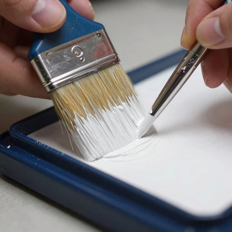 Macro close-up photograph of a painter's hand using a precision brush to apply bright white marine-grade paint, creating an incredibly sharp, clean line against deep navy trim.