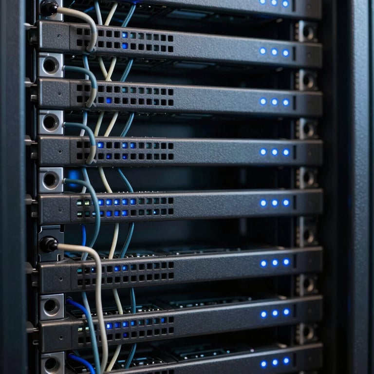 Extreme macro shot of cleanly organized server rack wiring, dark charcoal background, subtle blue LED indicator glows, high-tech precision.