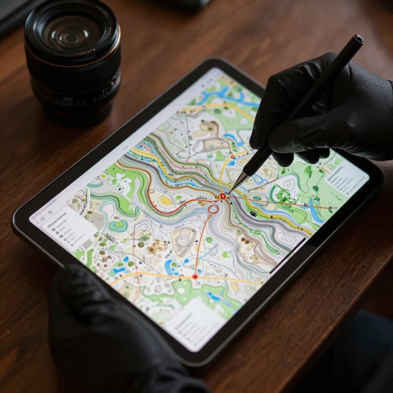 Top-down view of a topographical map being reviewed on a digital tablet by a person wearing professional gloves.