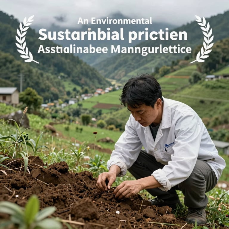 An environmental specialist taking soil samples in a lush green valley, emphasizing sustainable management practices.