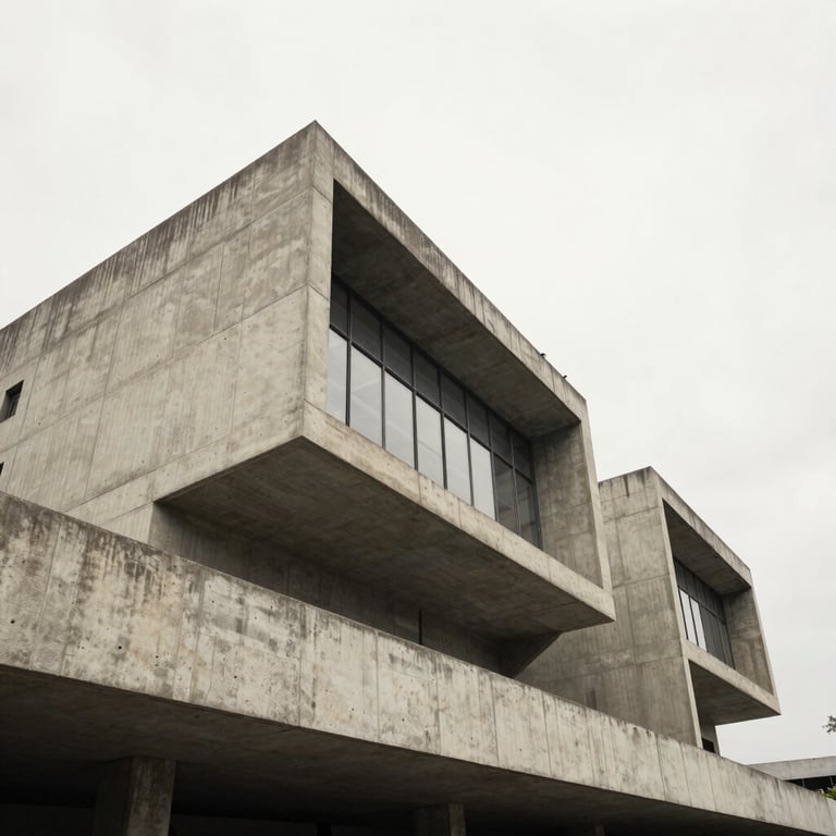 Modern geometric concrete architecture of an industrial facility in Latin America, shot from a low angle under a bright off-white sky.