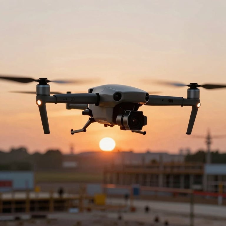A close-up of a high-end mapping drone hovering over a construction site, capturing data with the sunset casting an orange glow.