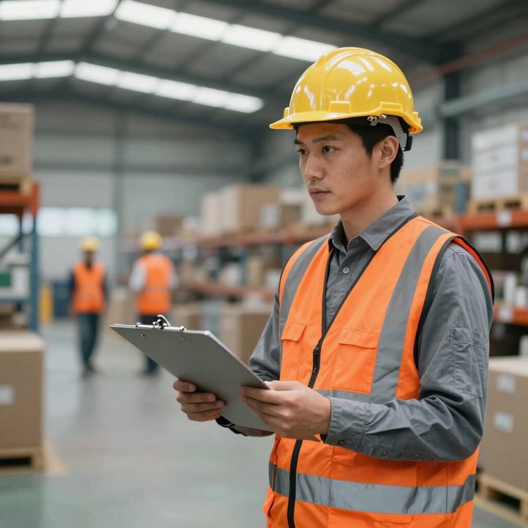 An industrial engineer performing a safety audit in a large, clean warehouse, wearing an orange vest and holding a clipboard.