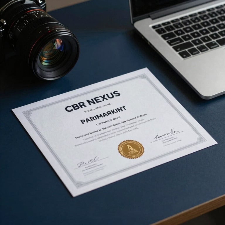 A close-up of a professional certificate from CBR NEXUS lying on a dark navy blue desk next to a modern laptop.