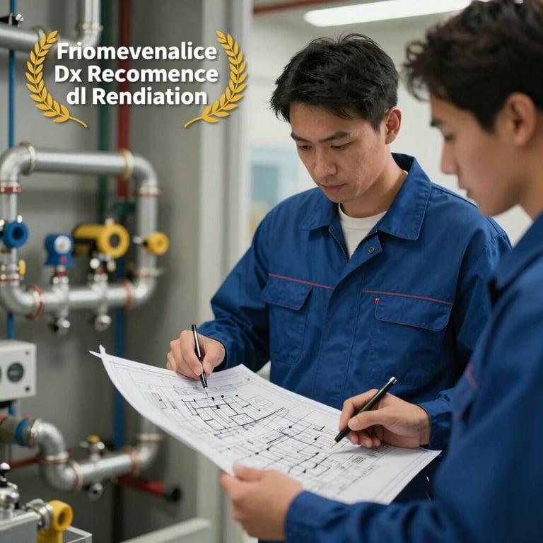 Technicians discussing a plumbing blueprint in a professional, service-oriented environment.
