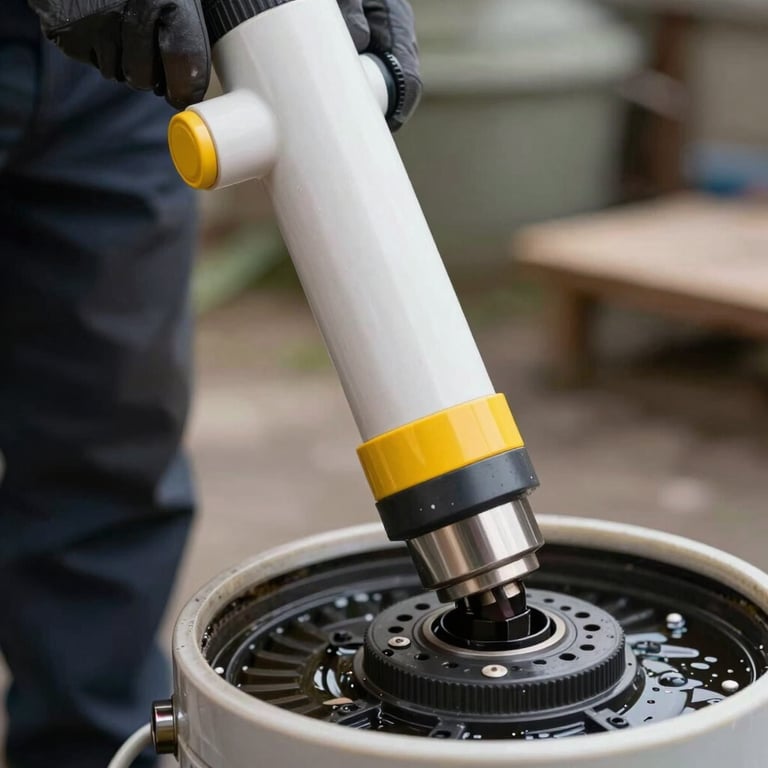 A close-up of a high-pressure drainage cleaning tool in action, with clean white and service yellow accents.